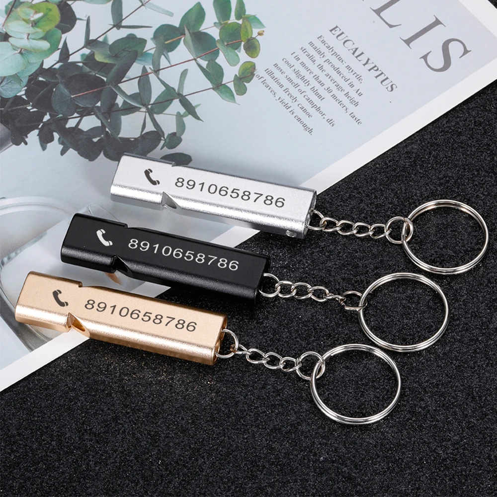 

Engraved Telephone Whistle Customized Keychain Double Pipe High Decibel Outdoor Emergency Survival Anti-lost Keyrings