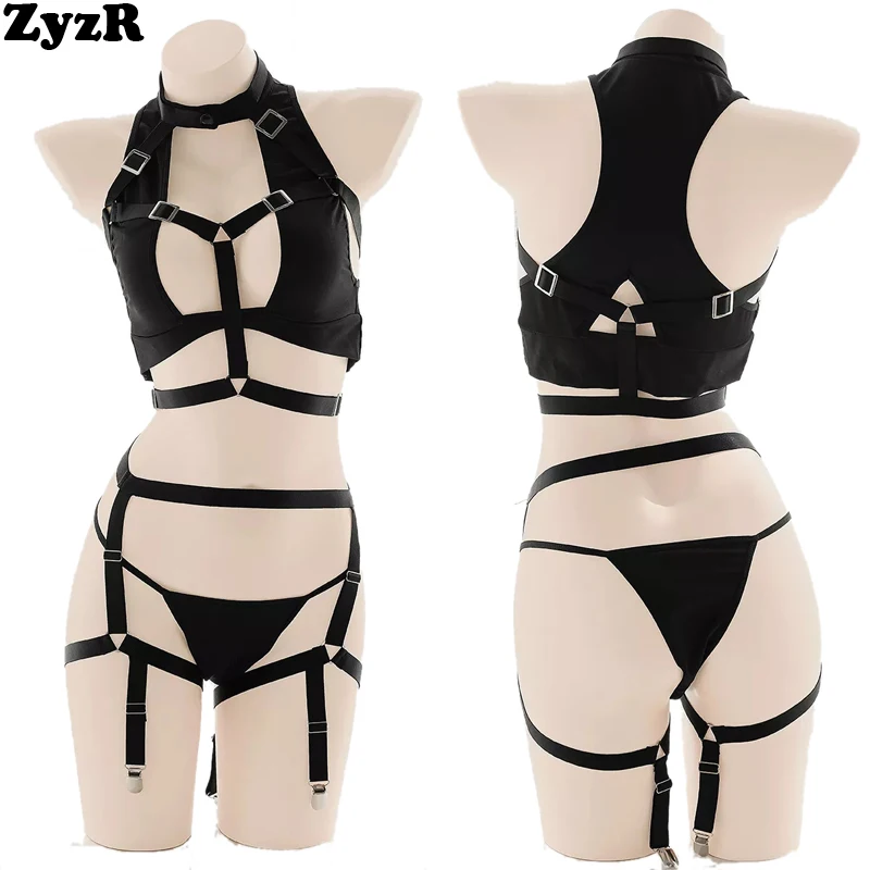 

ZyzR Motorcycle Girl Buckle Bandage Strap Belt With Garter Sexy Lingerie Temptation Uniform Women Black Pajamas Erotic Costumes