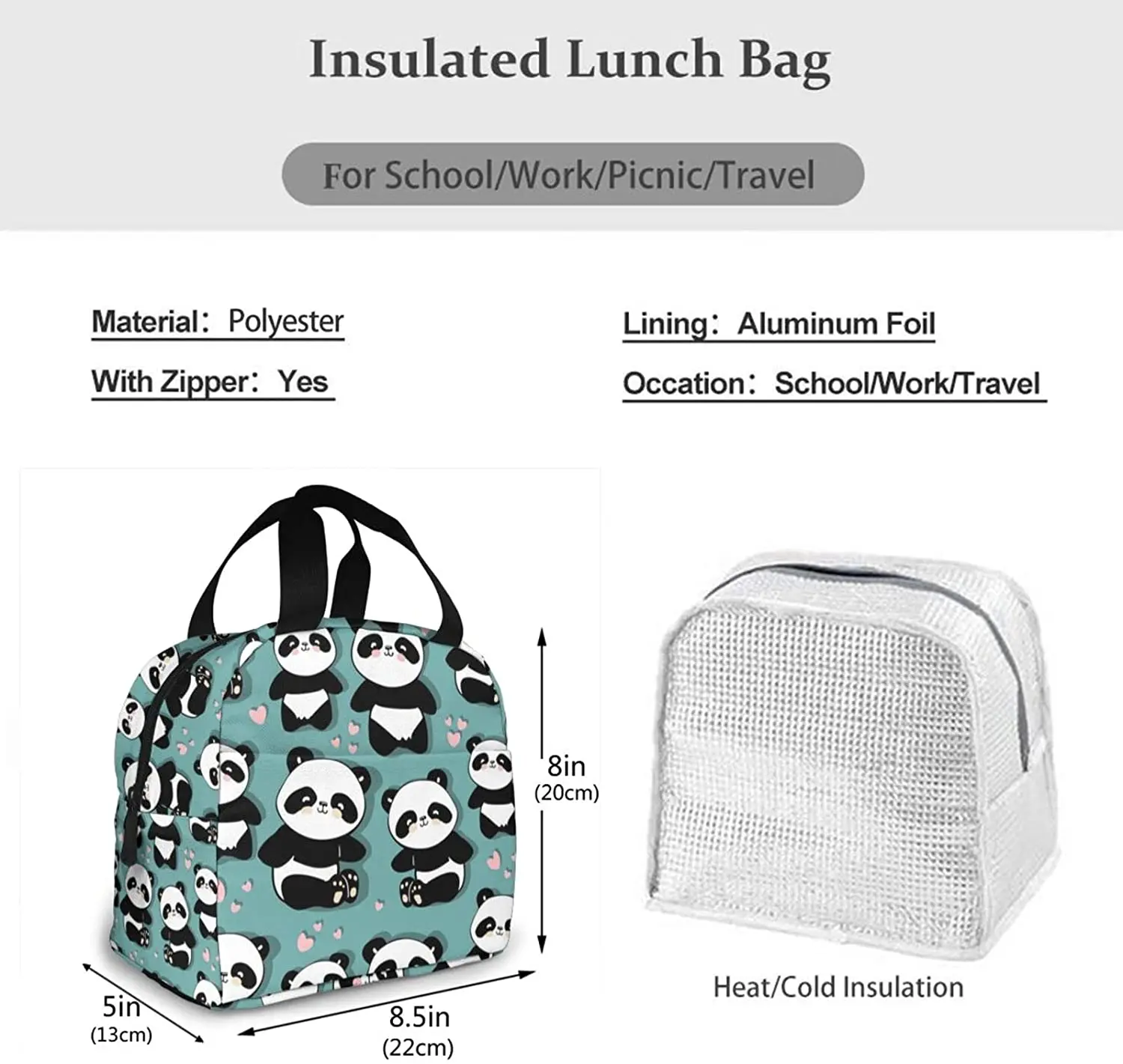 Cute Panda Lunch Box Insulated Cooler Lunch Bag for Men Women Girls Boys Teens Lunchbox Tote Small for Work Picnic Office images - 6