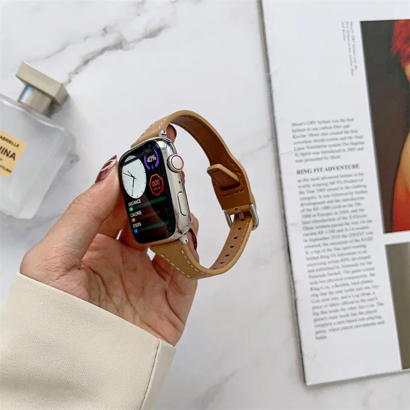 

Ремешок из тонкой кожи в стиле ретро для Apple Watch Band 42 мм 38 мм 41 мм, сменный Браслет для iwatch Series 8 7 6 5 4 3 2 1 40 мм 44 мм 45 мм