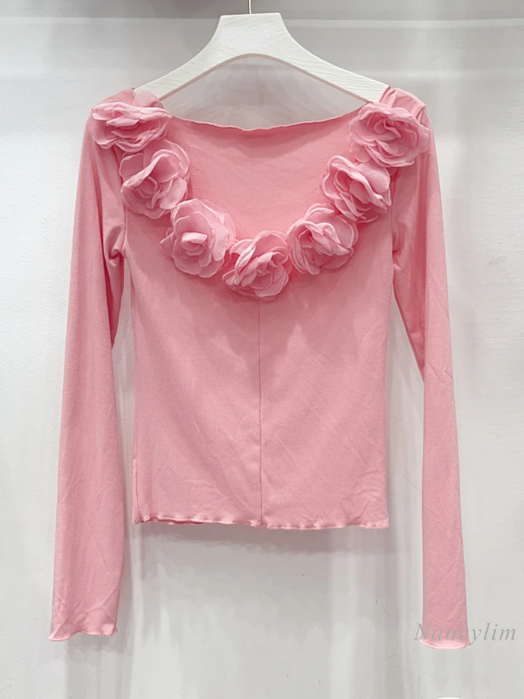 

Three-Dimensional Flower Neck Slim Top for Women 2023 Autumn New Pleated Long Sleeve T-shirt Bottoming Shirts Femme