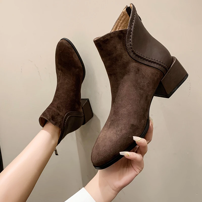 2023 Women Elastic Fabric  Boots Suede Short Boots Fashion Handmade Classic Pointed Toe Sheepskin Insole All-match ankle boots