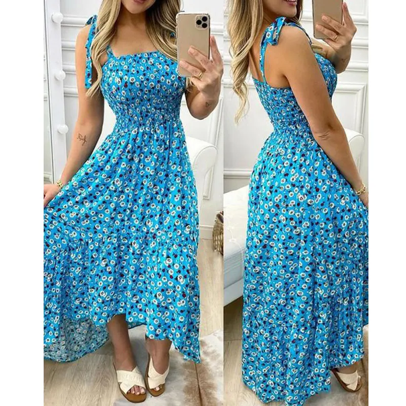 

Women Floral Printed Patchwork Strap Irregular Tube Holiday Casual Bohemian Dresses