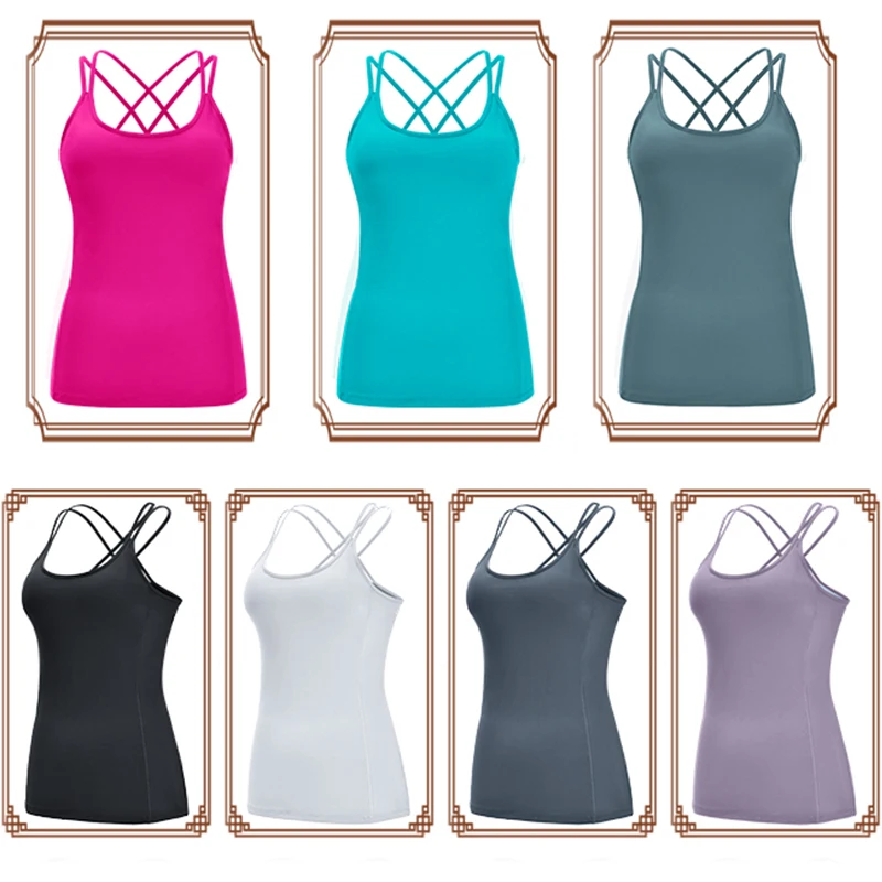 Yoga Tank Top Women Running Built in Shelf Bra Sports Compression Strappy Back Activewear Fitness Sleeveless Workout Tops