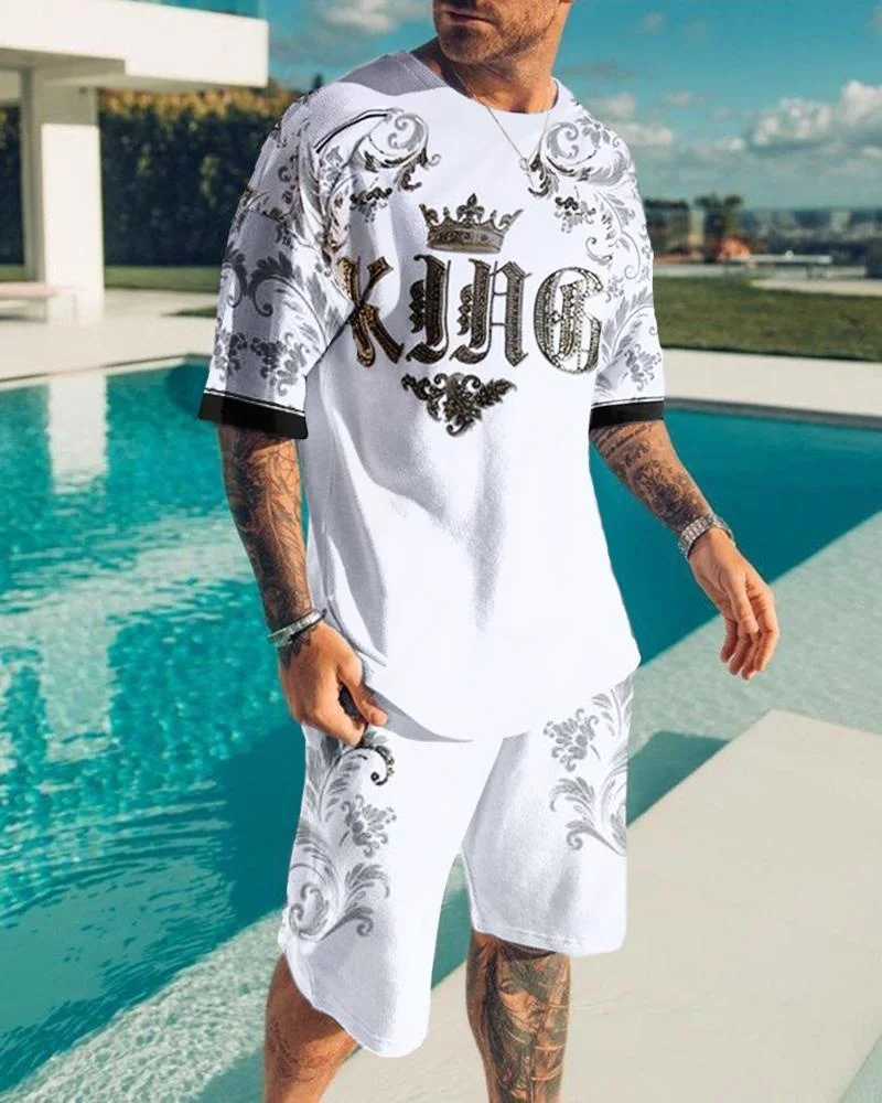 

Summer New King T Shirt Suit for Men Clothing 2PCS Set Trend Shortsleeves 3D Print Male Tracksuit Big Size Harajuku Shorts Set