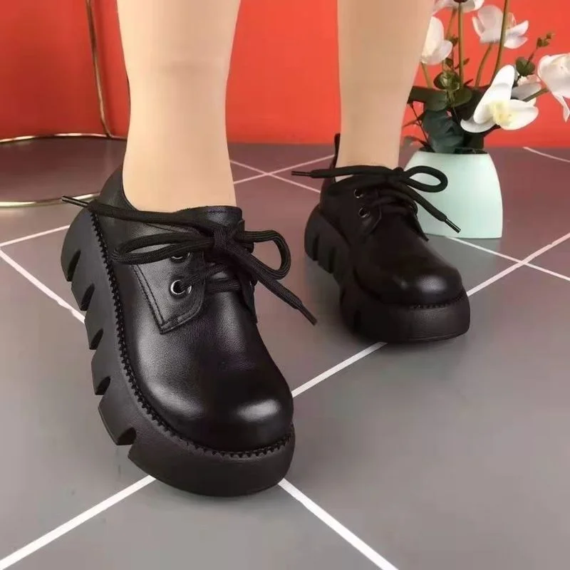 

2023 Spring and Autumn New Round Toe Lace-up Platform Thick-soled Shoes All-match Comfortable Black Leather Shoes Women's