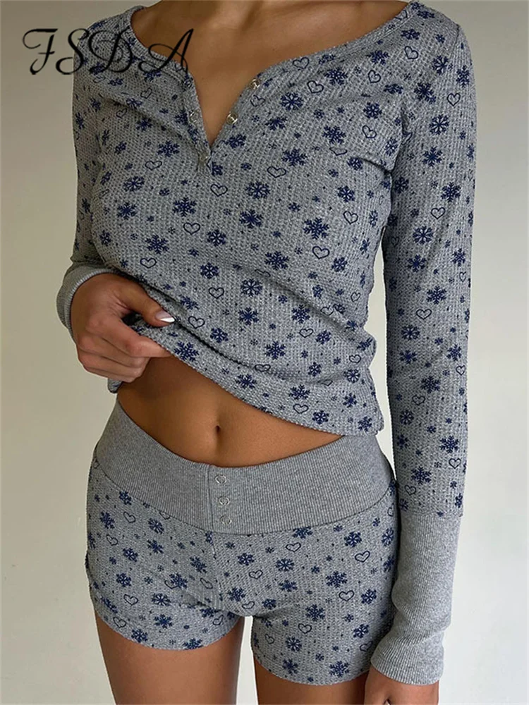 

FSDA Print Two Piece Set Women V Neck Long Sleeve T Shirt Top And Skinny Shorts Suit Y2K Casual Spring Summer Homewear