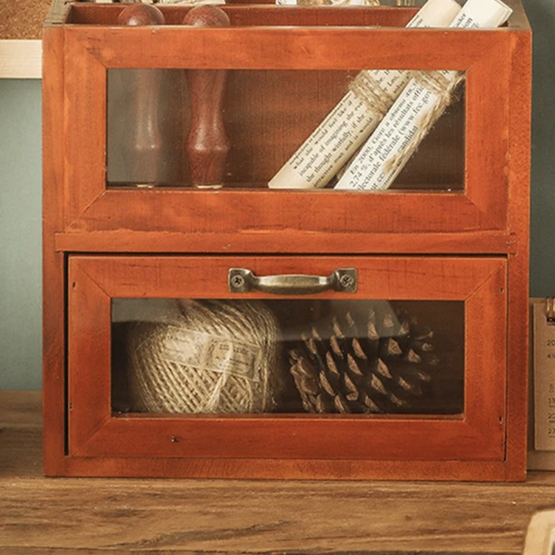 

Makeup Brush Storage Desktop Remote Control Storage Box Desk Stationery Bucket Brush Pen Bucket Retro Wooden Cabinet