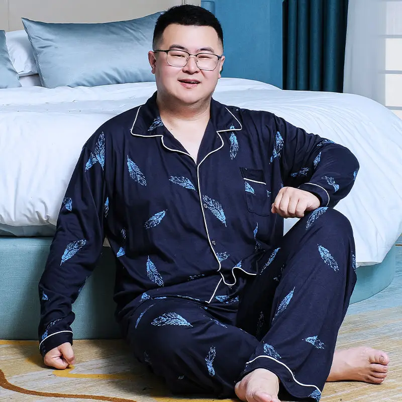 2023 Fat man age season fertilizer plus-size men printed pajamas long-sleeved pants fat loose leisurewear suit
