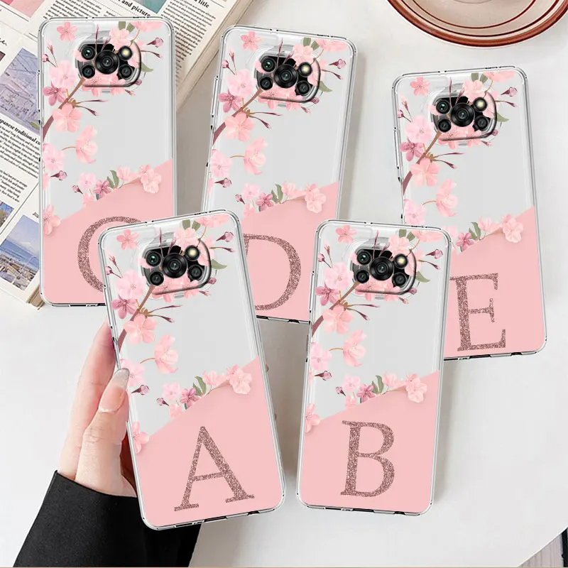 

Flower Letter Pink Fashion Clear Case For Xiaomi Mi Poco X3 NFC M3 Pro F3 F1 11 Lite 12 Redmi Note 10 9S 8 7 9 Soft Phone Cover