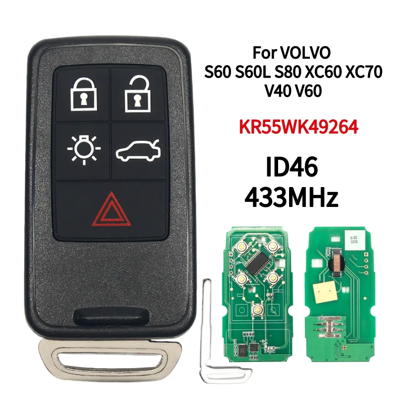 For Volvo XC60 S60 S60L V40 V60 S80 XC70 433Mhz FSK ID46 Remote Smart Car Key Fob Entry 5 Buttons FCCID KR55WK49264