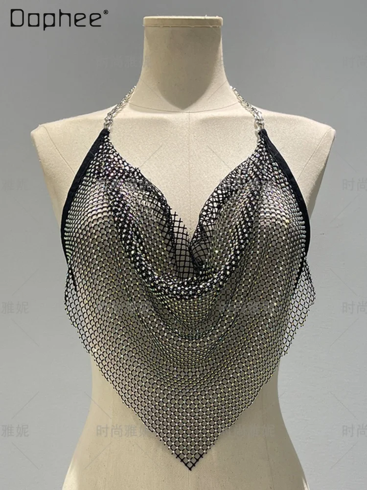 

Nightclub Hollow-out Fishnet Colorful Crystals See-through Vest Tops Summer New Women's Sexy Silver Rhinestone Halter Tank Top