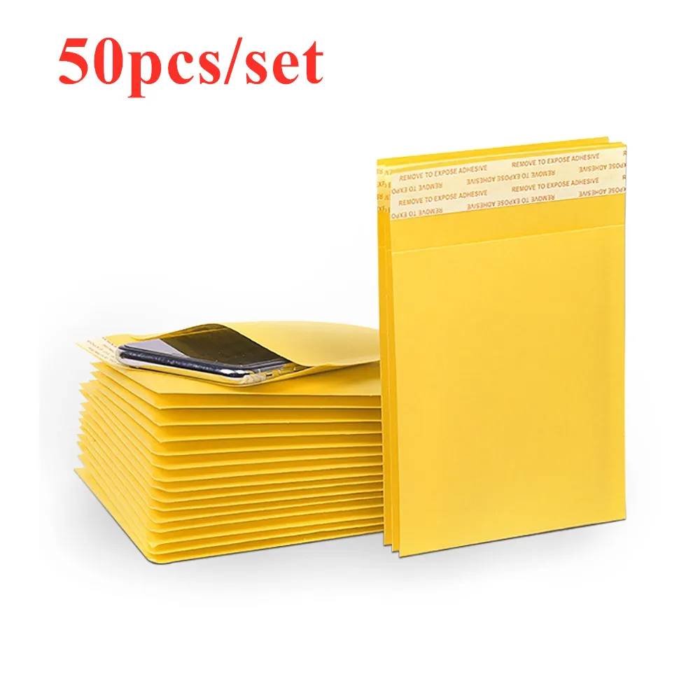 50pcs/set Yellow Self Seal Express Packing Bag Bubble Envelope Bag Waterproof and Thick Prevent Damage for Mail and Small Items