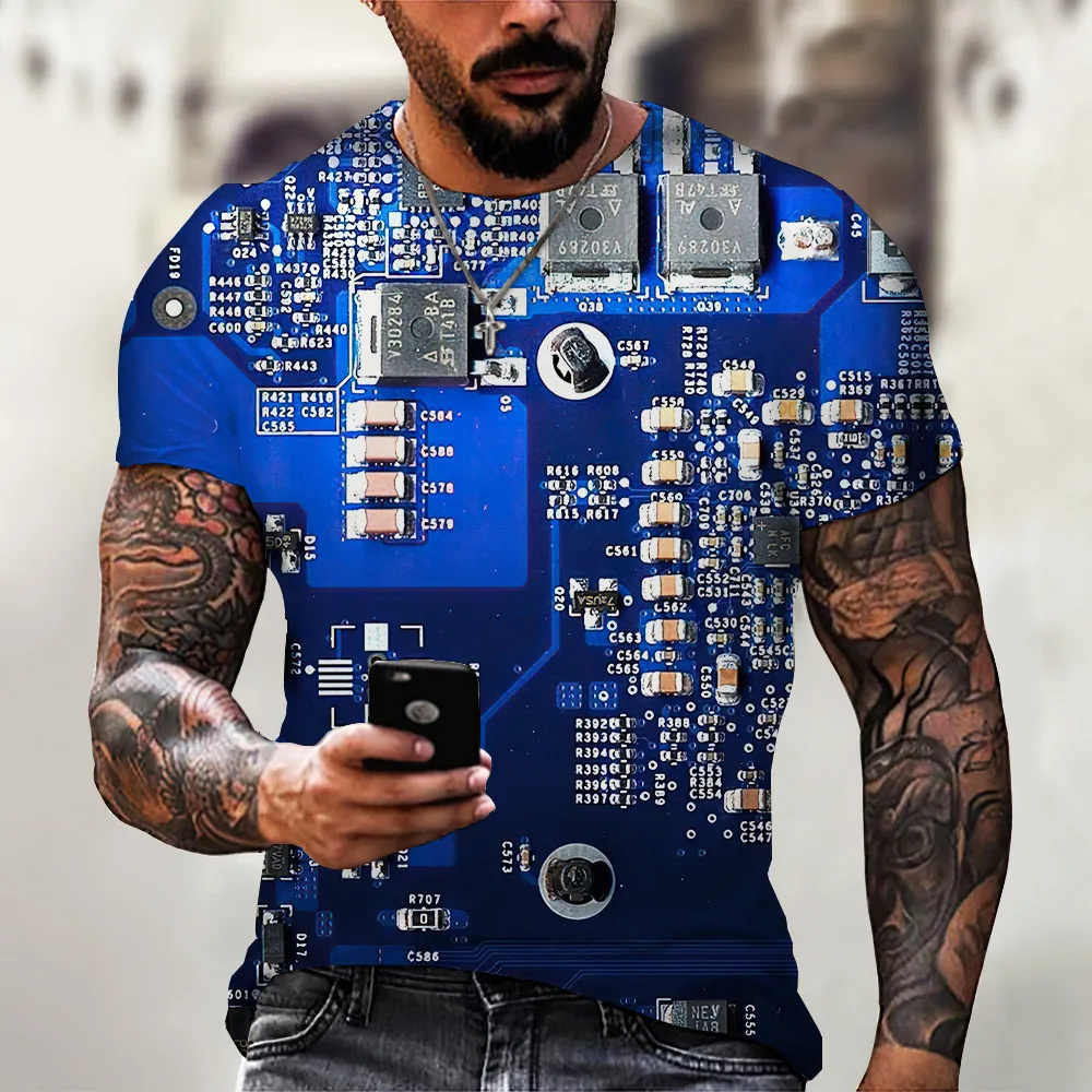 

3D Printed Men's T-Shirt Electronic Chip Pattern Short Sleeve Over-sized Harajuku Street-Wear Loose T-Shirts For Men
