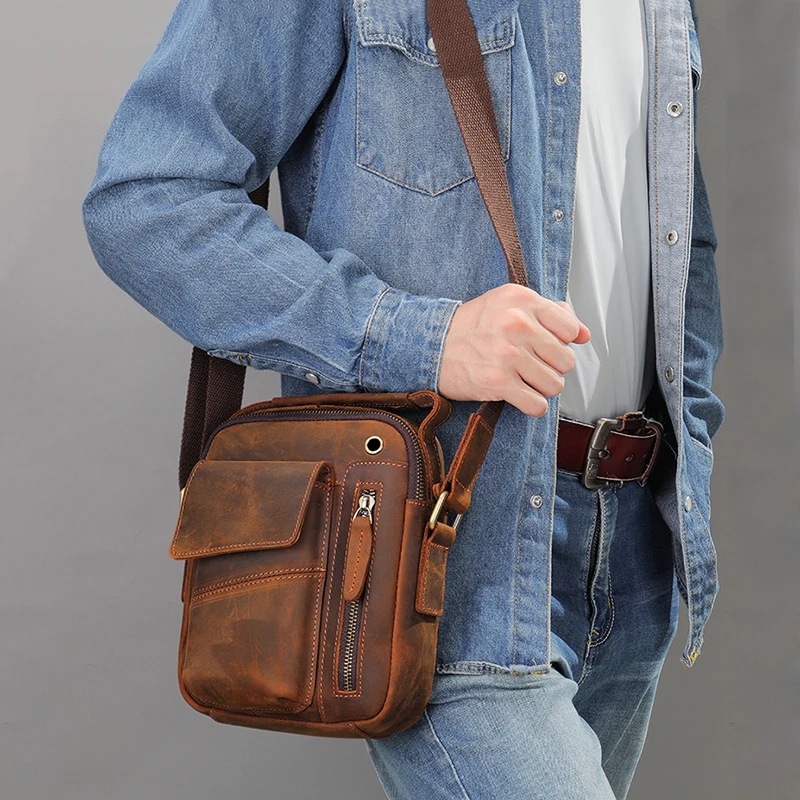Vintage Men's Crazy Horse Leather shoulder bag phone bag handbag Crossbody Bag 6059