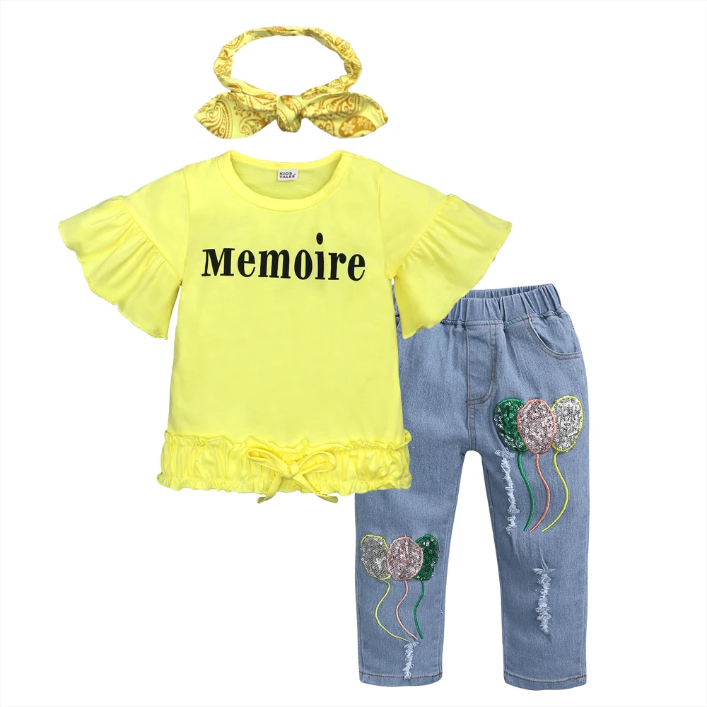 

Summer Toddler Girl Clothes Sets Fashion Kids Short Sleeve T Shirt Tops Floral Pants Headband Suit