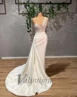 white stain evening dresses beads sexy engagement party gown special occasion vestidos deep v neck sequins mermaid wedding
