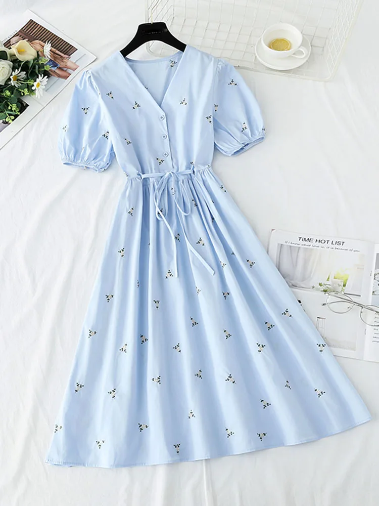 

Blue Cotton Linen Dresses for Women Summer Clothing 2022 Casual Vintage V neck Embroidered Puff Sleeves A-line Midi Dress