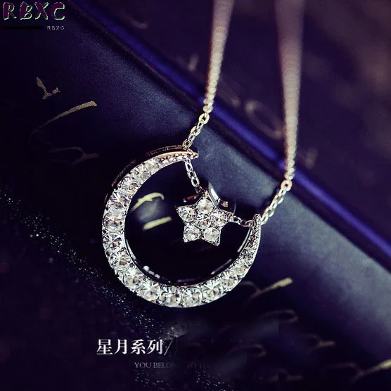 

RXBC S925 Sterling Silver Necklace Korean star moon simple clavicle chain cute sweet Pendant