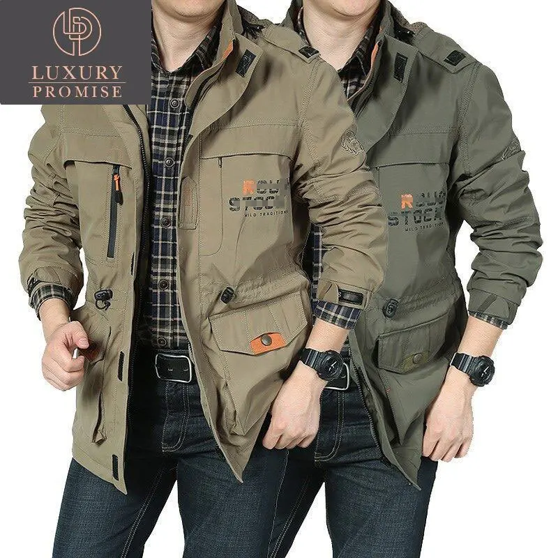 

Spring Hooded Long Section Blue Green Khaki Big Pocket Outdoor Motion Waterproof Parka Coat Men Jacket Outwear Clothing Overcoat