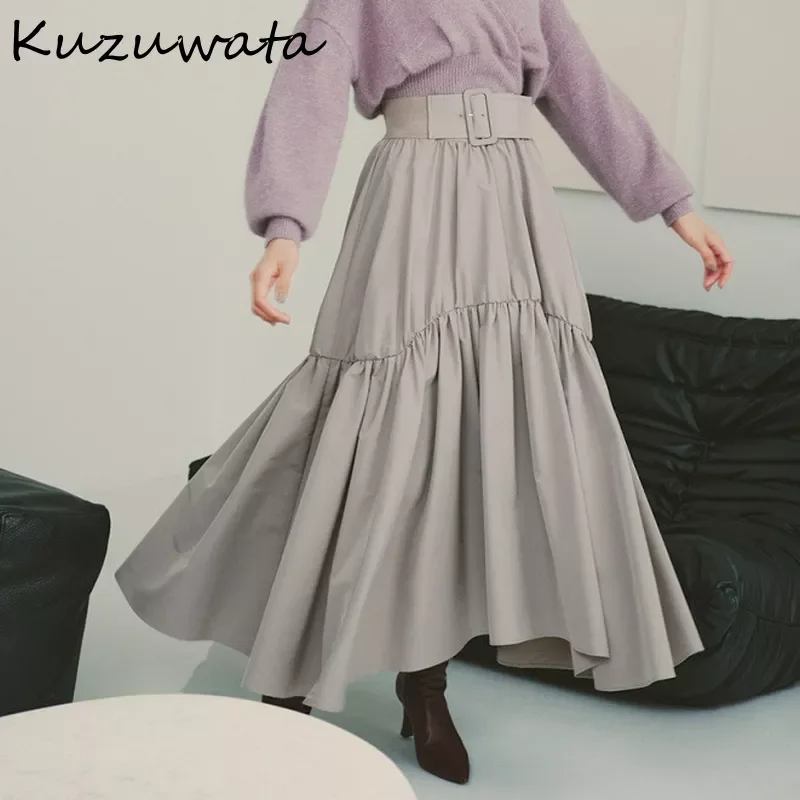 

Kuzuwata 2022 Autumn Winter Women Jupes Japanese New Design High Waist Sashes Pleated Mujer Faldas Swing Irregular Puffy Skirts