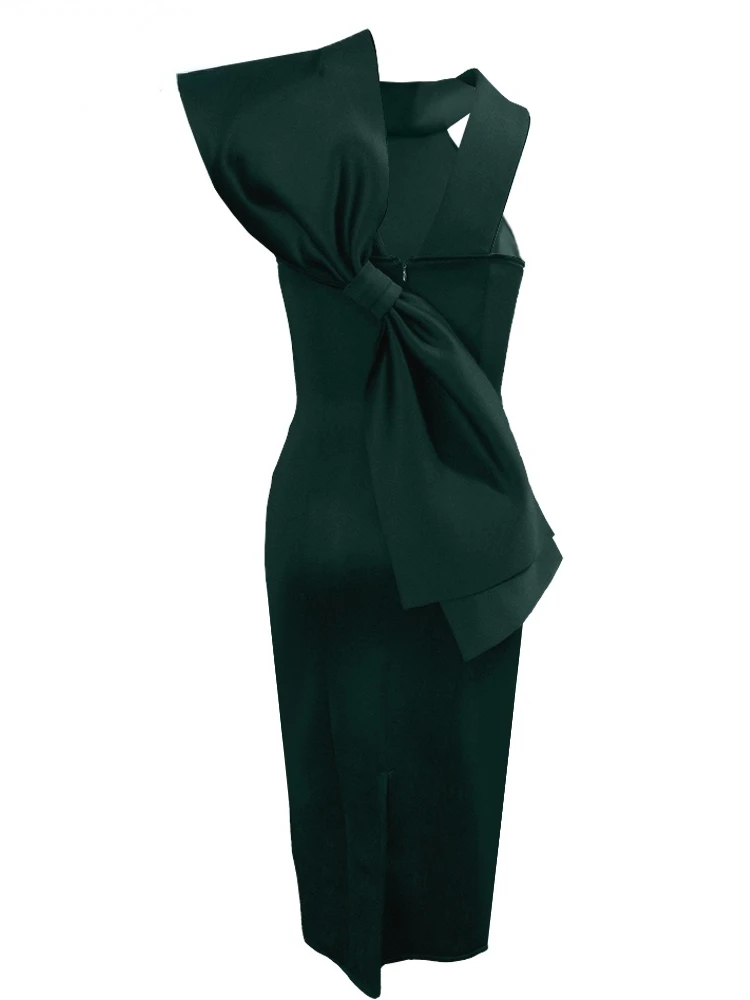 Женское платье с открытой спиной и бантом-бабочкой темно-зеленое сексуальное для