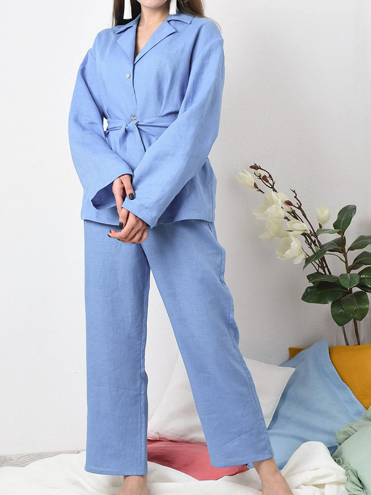 

Linad Blue Pajamas For Women 2 Piece Sets Cotton Long Sleeve Sleepwear Sashes Female Casual Trouser Suits 2023 Autumn Nightwear