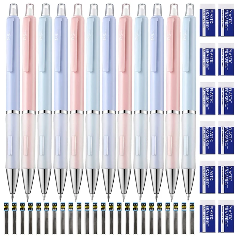 

12 Pcs 3 Colors Mechanical Pencils 24 Tubes Pencil Refills With 12 Pcs White Erasers For Drawing, Writing, Drafting