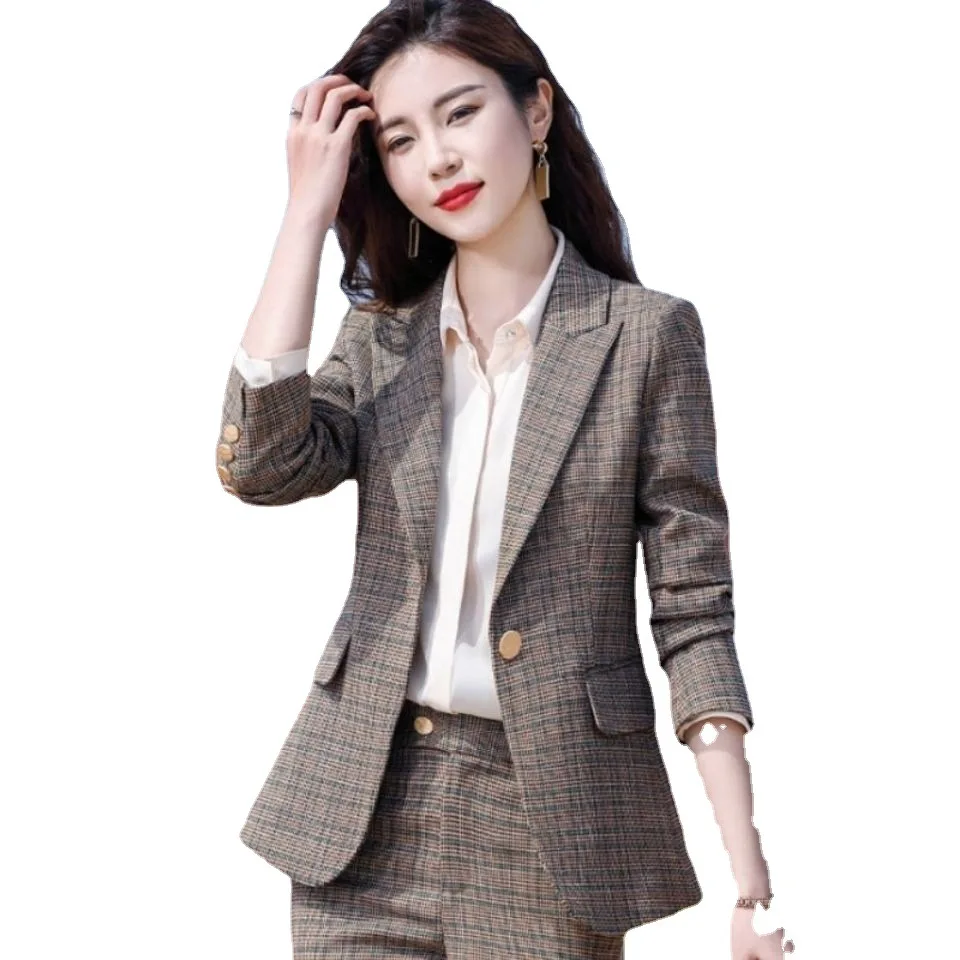 Gray Coffee Plaid Suit Trousers Two-piece Suit 2022 New Winter Fashion Temperament Formal Jacket Casual Office Professional Wear
