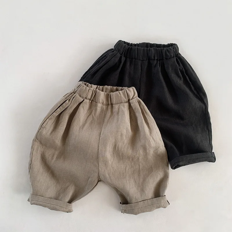 

2022 Summer Cotton Linen Baby Shorts Kid Girl Loose Knee Length Pants Children Boy Casual Pure Color Pant Toddler Unisex Clothes