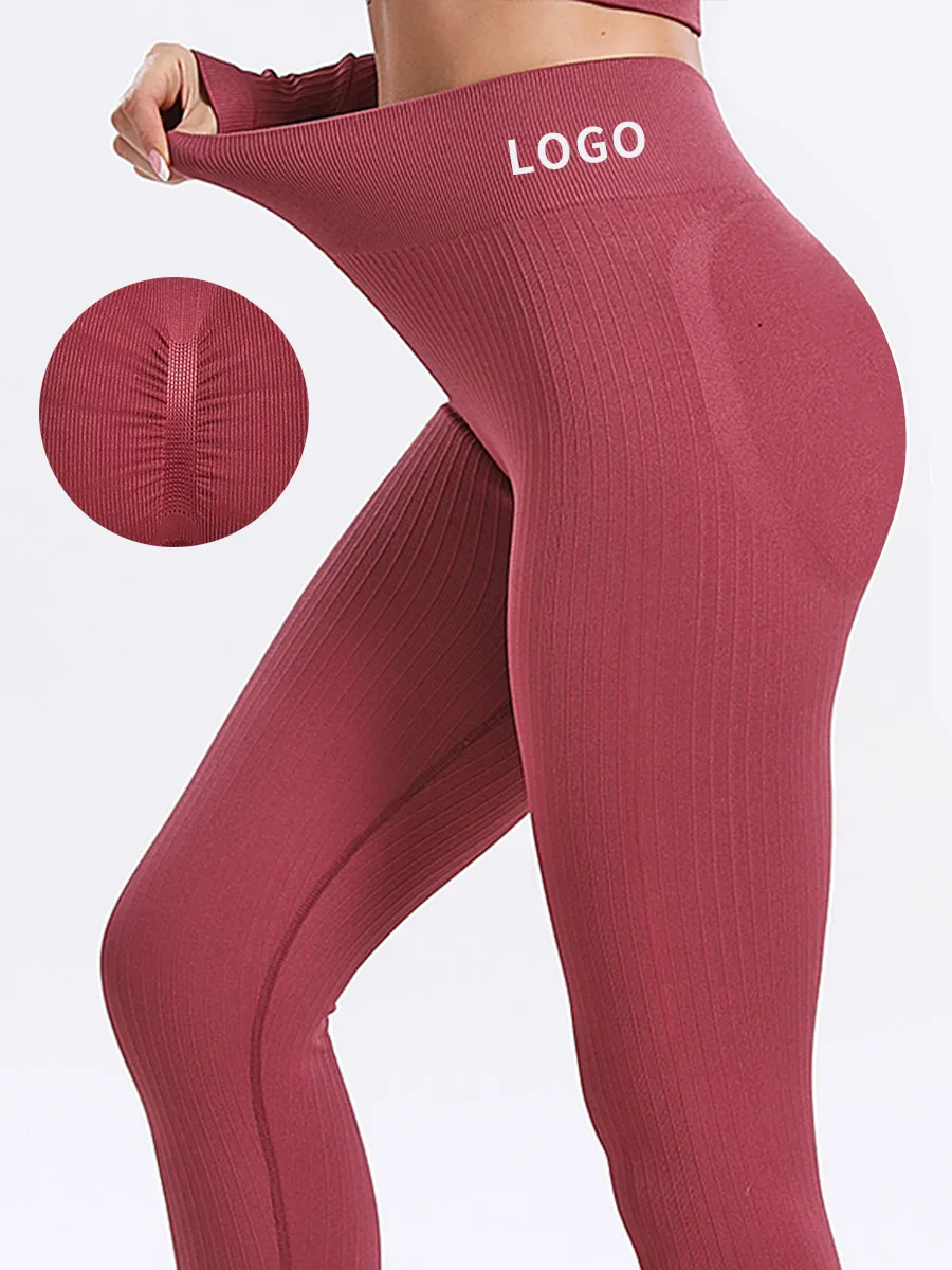 Seamless Ribbed Sports Leggings For Women Push Up High Waist Fitness White Striped Gym Tights Female Tummy Control Yoga Pants