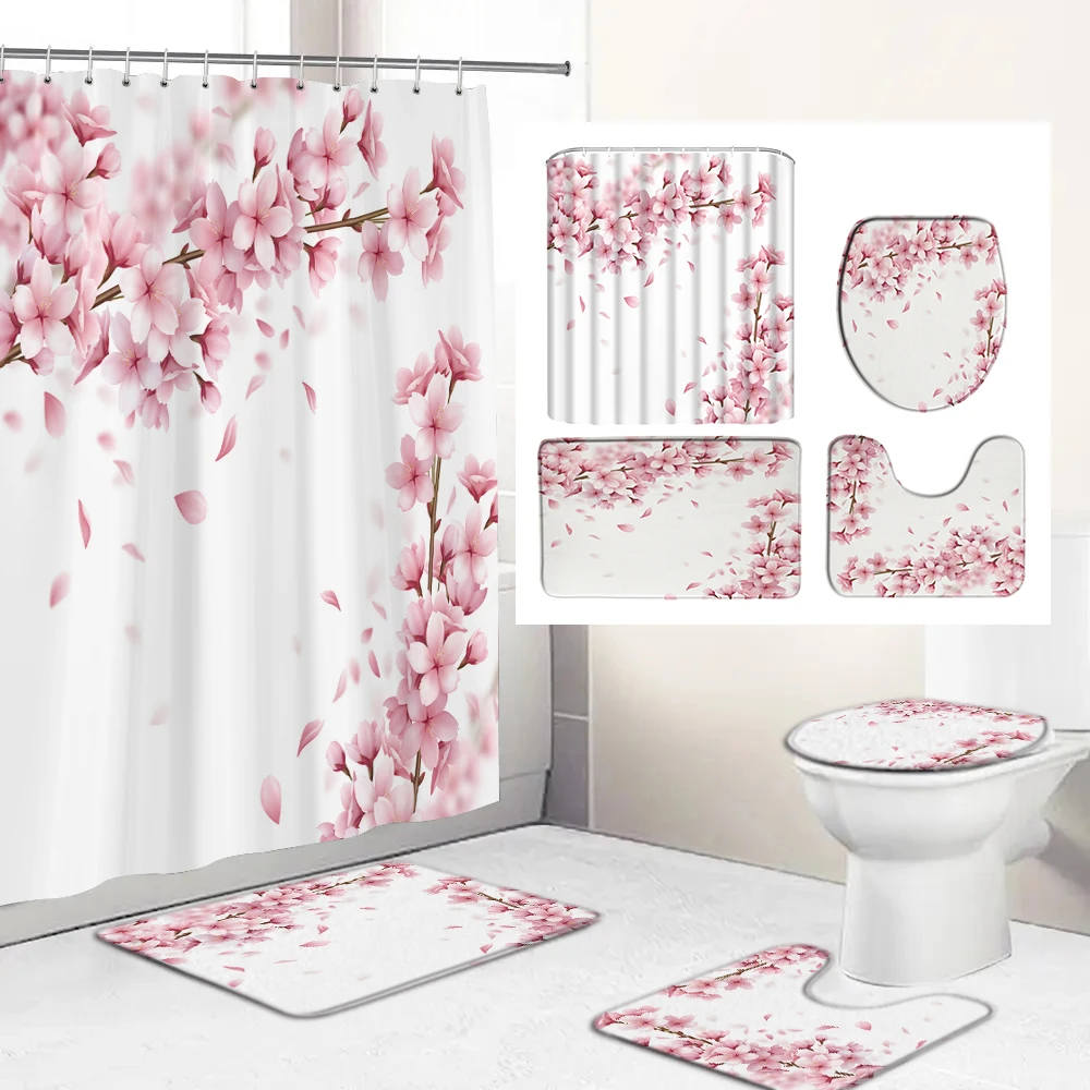 

Cherry Blossoms Flowers Print Fabric Shower Curtains Bathroom Curtain Set Anti-skid Rugs Carpet Toilet Lid Cover Bath Mat Sets