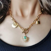 gold colorleaf padlock evil eye pendant necklace for women stainless steel paper clip chain metal padlock hip hop choker jewelry