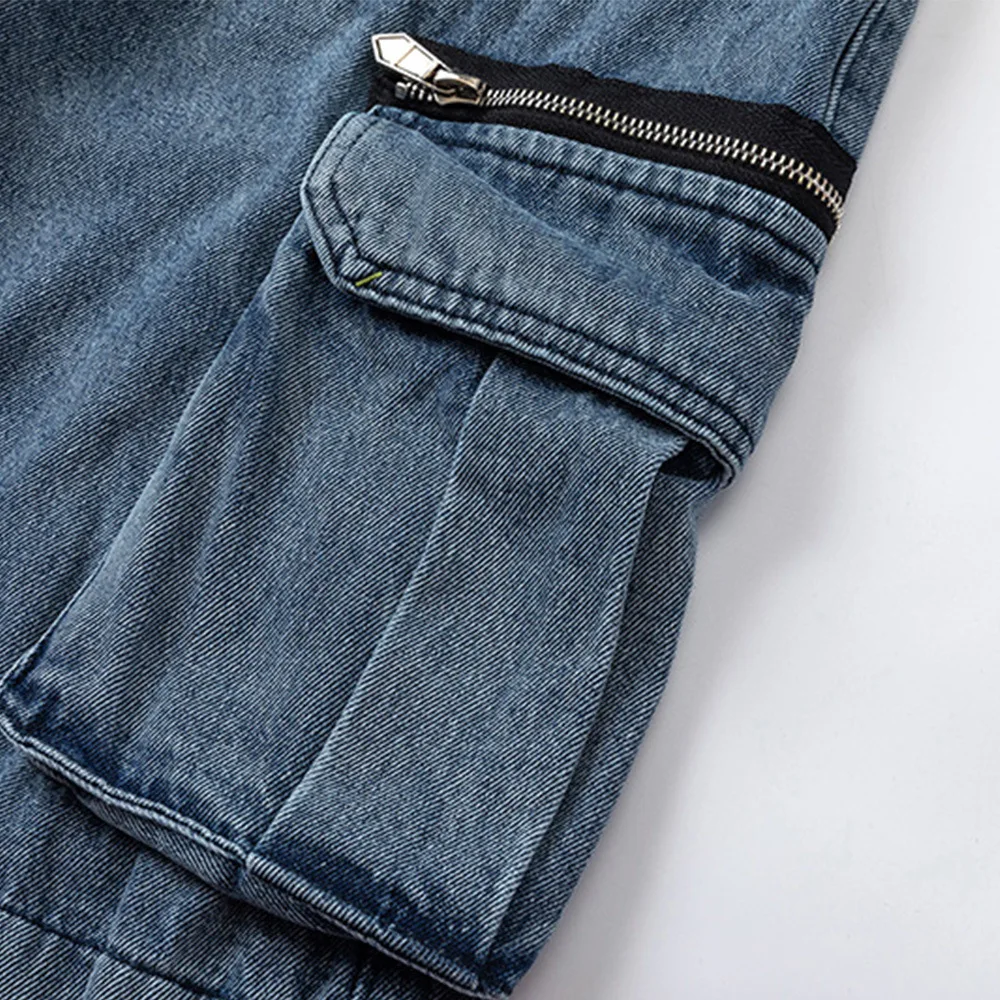 Blue Mens Loose Cargo Jeans Fashion Side Zip Pockets Washed Baggy Denim Pants High Street Hip Hop Vintage Ripped Jean Oversized