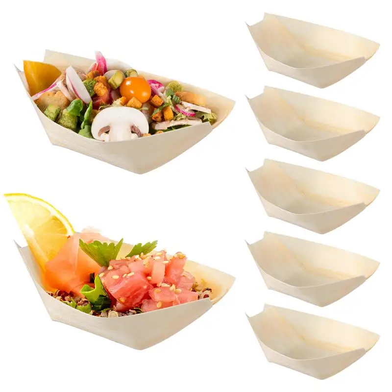 

100pcs Sushi Plates Disposable Sushi Serving Trays Wooden Sushi Boat Plates Dessert Serving Trays Food Dishes Boat Snack Bowl