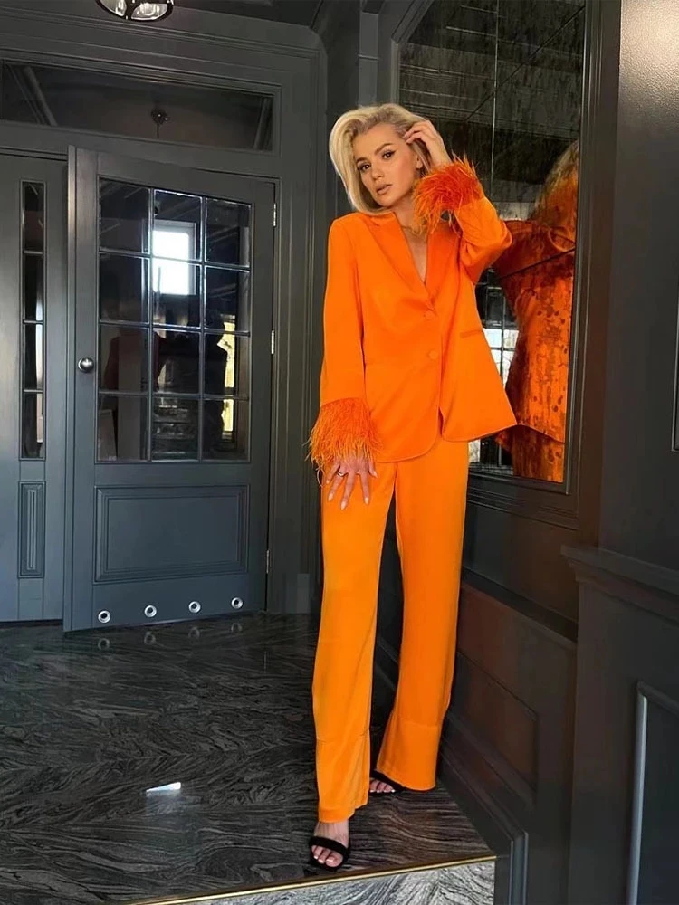 Orange Blazer Suit Pajamas Set Women Loungewear 2Pcs Long-Sleeve Blazer Female Sleepwear Home Clothes for Women Chic Outerwear