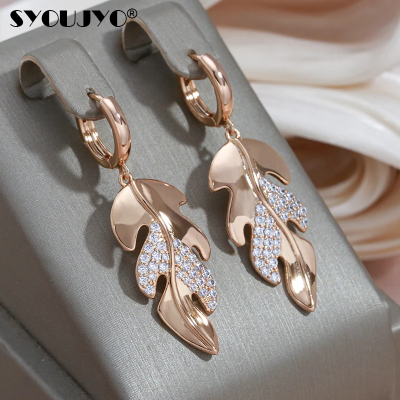 

SYOUJYO Long 585 Gold Color Leaf Shape Dangle Earrings For Women Cubic Zircon Luxury Party Jewelry Gift