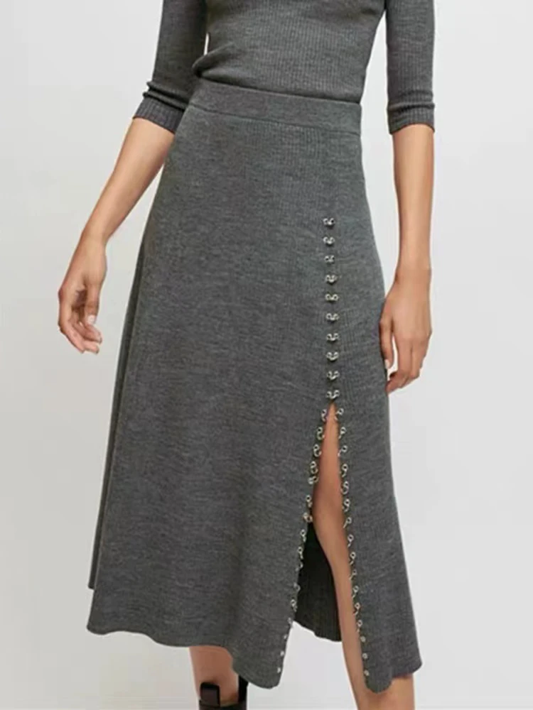 

Женская шерстяная юбка-трапеция с завышенной талией, однотонная трикотажная длинная юбка в рубчик с боковой пряжкой и разрезом, Новинка осени-зимы 2022