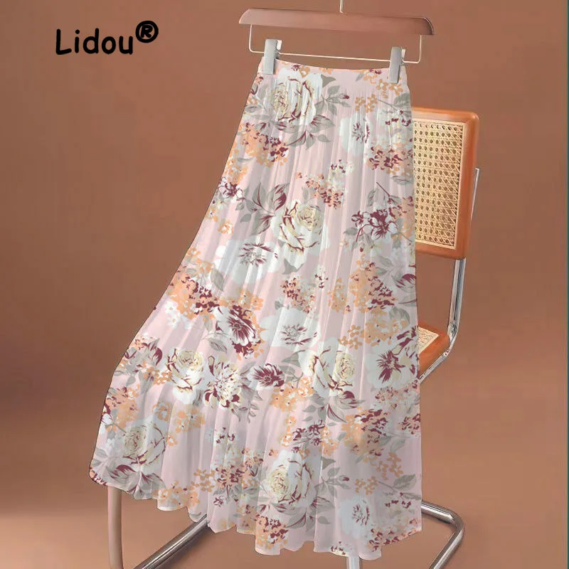 

2023 Summer New Vintage Ink Print Chiffon Halfskirt Mid Length Women's High Waist Casual A-line Large Swing Dance Skirt