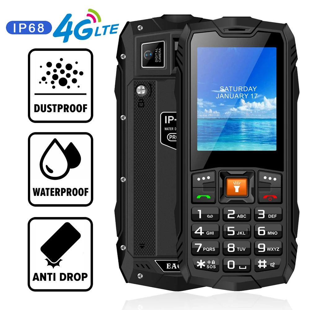 EAOR 4G Waterproof Dustproof Feature Phone Big Battery Dual SIM Anti-fall Rugged Button Bar Phone with Glare Flashlight