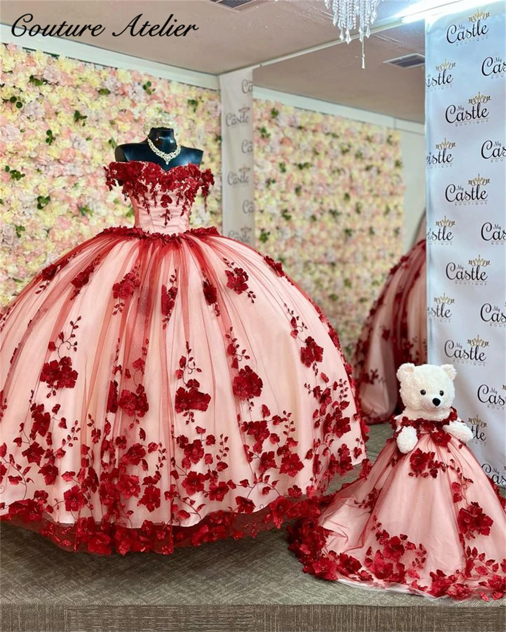 

Mexican Red 3D Flowers Princess Ball Gown Quinceanera Dress Off The Shoulder Sweet 16 Dresses Wedding Gowns vestidos de quinceañ