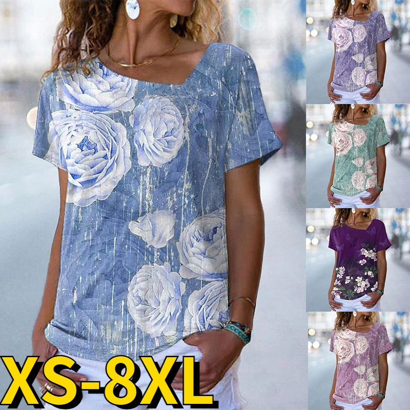 

2022 Summer Women's Floral Theme Printed Painting Tee Shirts V Neck Casual Female Daily Pullover New T Shirt Design Streetwear
