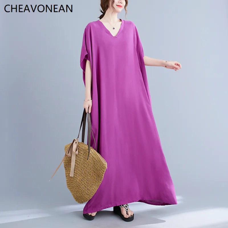 

CHEAVONEAN, свободное хлопковое фиолетовое платье макси из вуали, летние элегантные платья в стиле бохо с круглым вырезом и рукавами реглан, кафт...