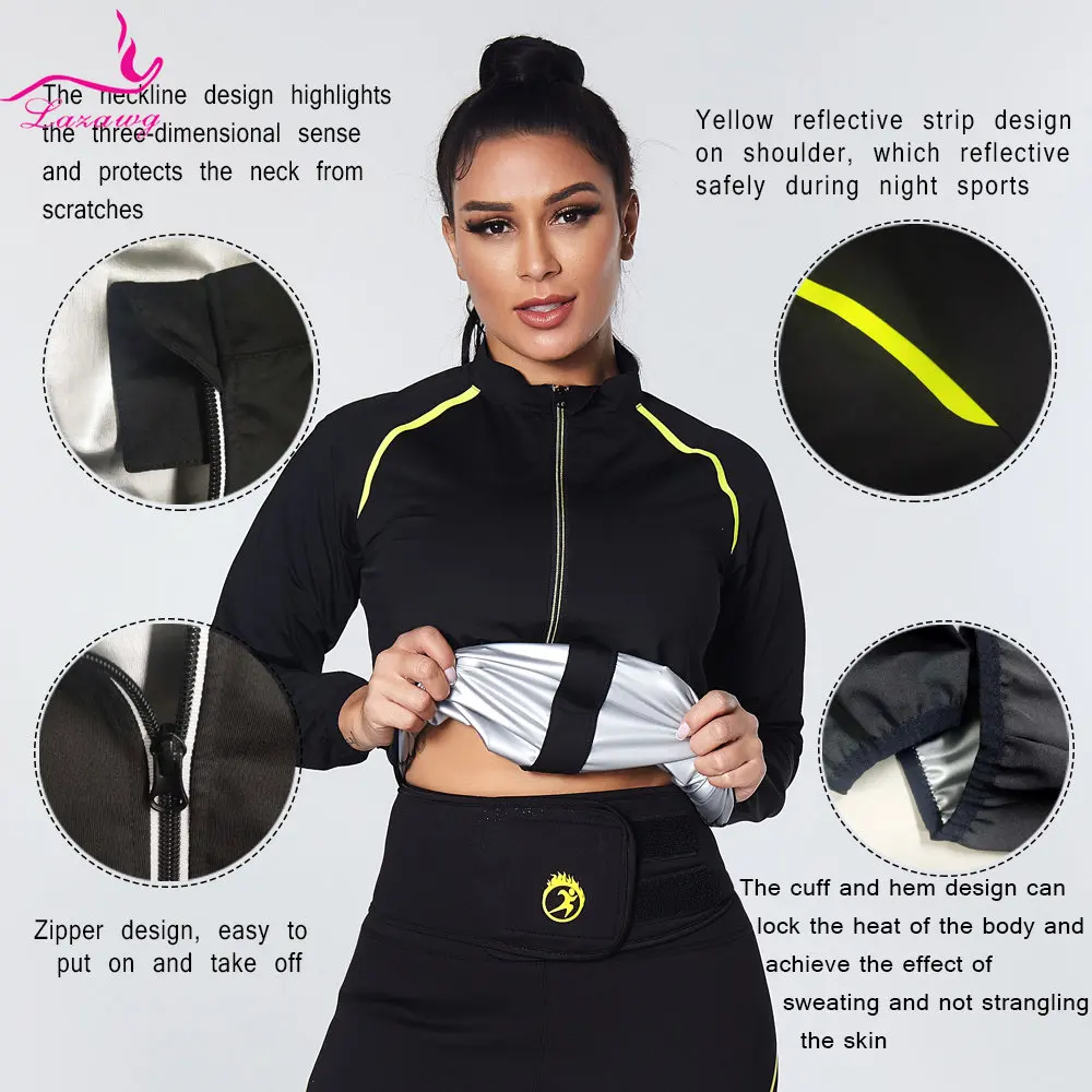 LAZAWG Women Sauna Suit for Weight Loss Sweat Jacket Long Sleeve Slimming Top Fat Burner Body Shaper Workout Sportwear Gym