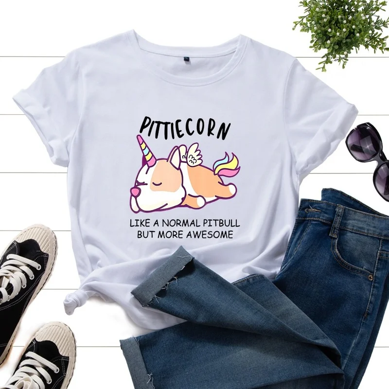 

Summer Women T Shirt Cotton 100% Short Sleeve Unicorn Dog Letter Print Female Fashion Casual T-shirt Ladies Daily O-Neck Tee Top