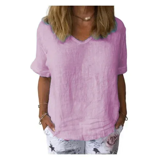 Женский свободный однотонный топ из хлопка и льна с v-образным вырезом короткими