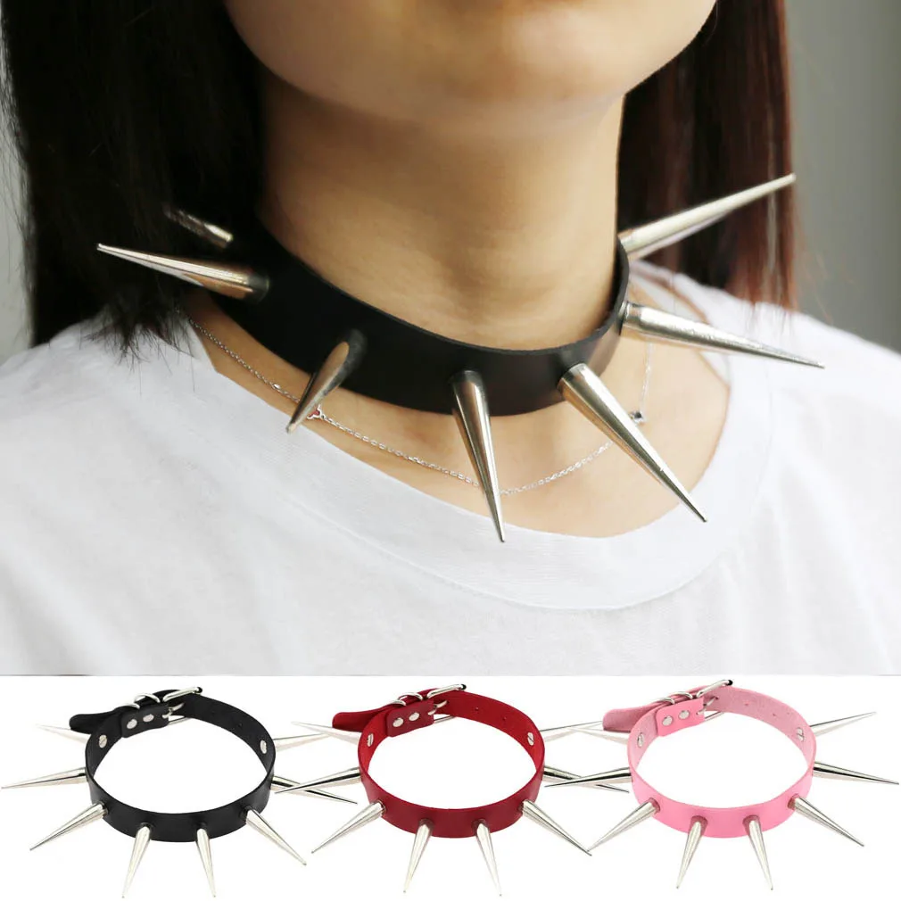 Gothic Vegan Leather Studded Spiked Choker Necklace punk collar for women men biker metal chocker necklace goth jewelry