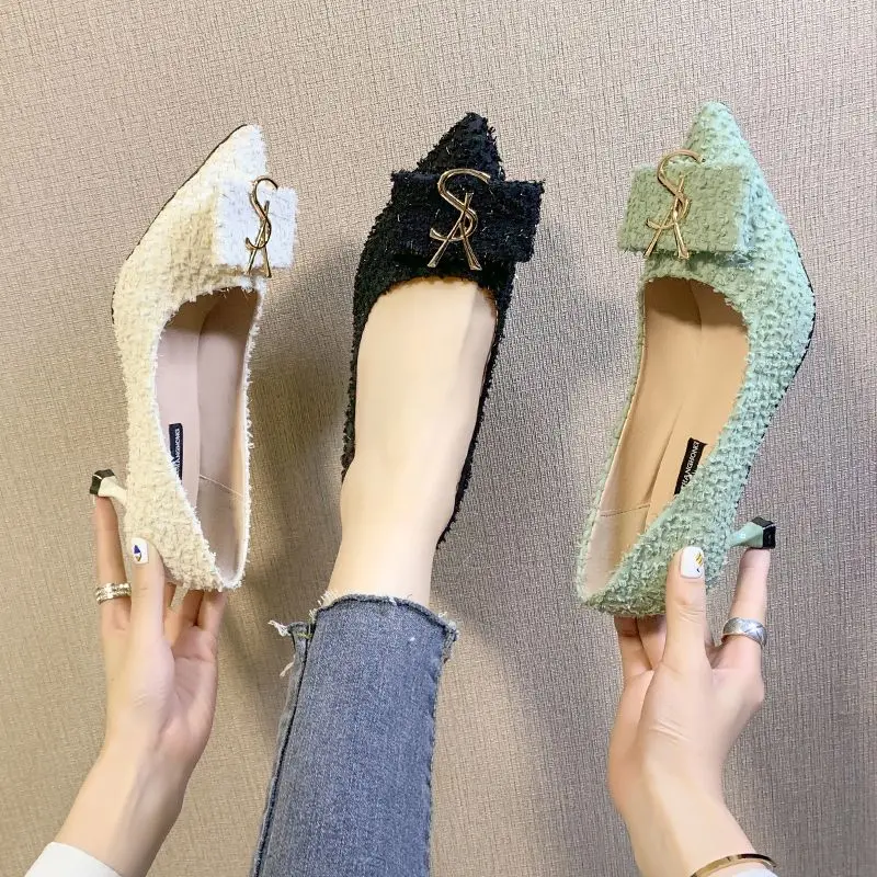 2023 Spring New Network Red Wind Thin Heel Shallow Mouth Pointed Toe Single Shoes French Girls' High Heels Women's Shoes