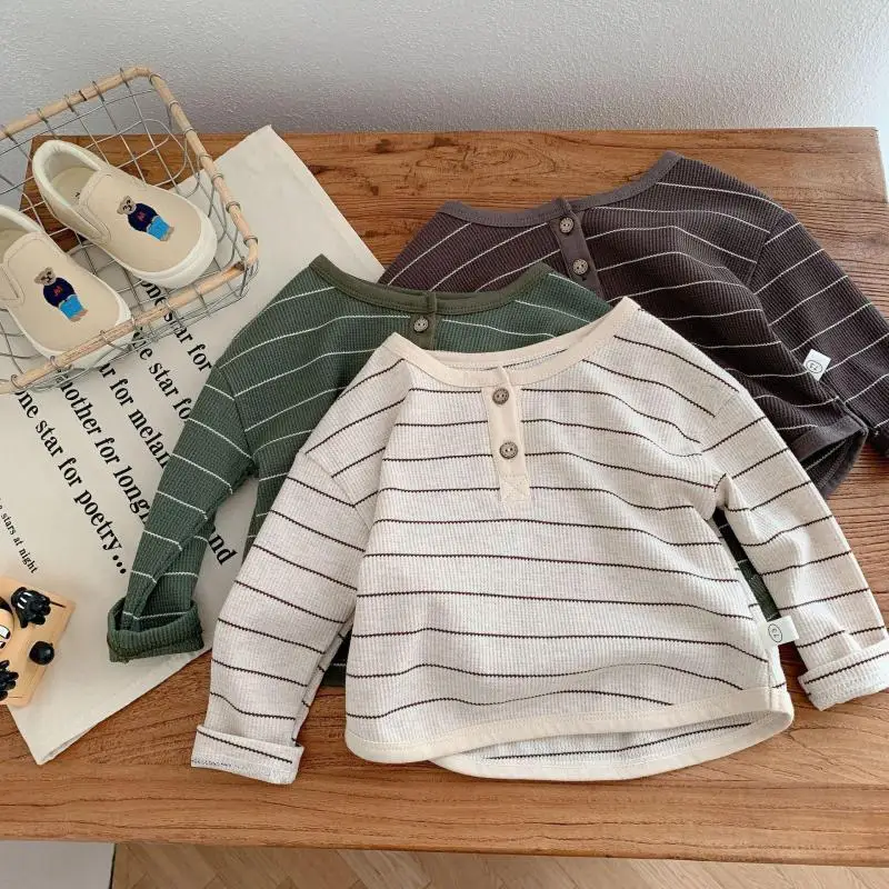 

Модный Полосатый пуловер, топы, Детская универсальная рубашка, свободная тонкая весенняя футболка с длинным рукавом для мальчиков, мягкая н...
