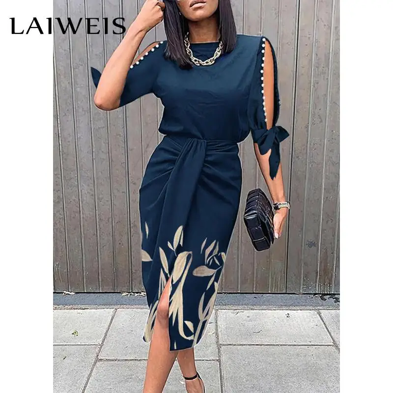 

Summer Women Leaf Print Pearls Decor Knotted Work Dress 2022 Femme Elegant Round Neck Midi Robe Lady Clothing traf Vestidos